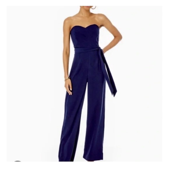 Lilly Pulitzer Pants - Lily Pulitzer Strapless Kylo Navy Blue Jumpsuit Size 00 Wide Leg Crepe NWT 218